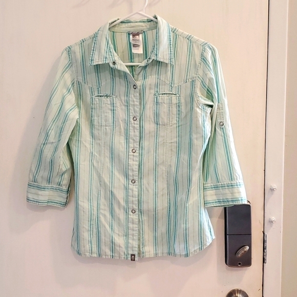 North Face Aqua and Teal Vertical Aztec Striped Outdoor Button Down Shirt S - Picture 5 of 6